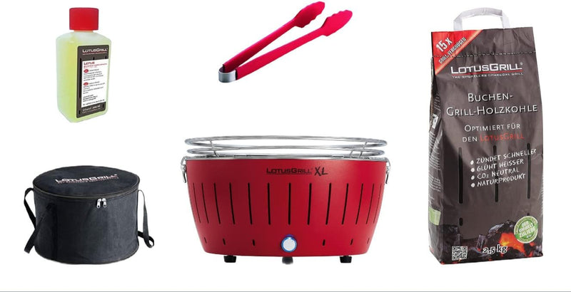 LotusGrill XL Starter-Set 1x XL Grill Feuerrot mit USB-Anschluss, 1x Buchenholzkohle 2,5 kg, 1x Bren