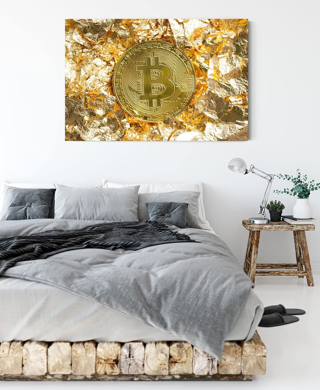 Pixxprint Bitcoin BTC Goldpapier als Leinwandbild | Grösse: 120x80 cm | Wandbild | Kunstdruck | fert