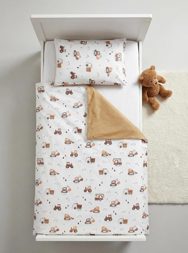 TupTam Kinder Bettwäsche Gemustert 2-Teilig Wendebettwäsche, Farbe: Baufahrzeuge/Bagger/Beige/Kakaob