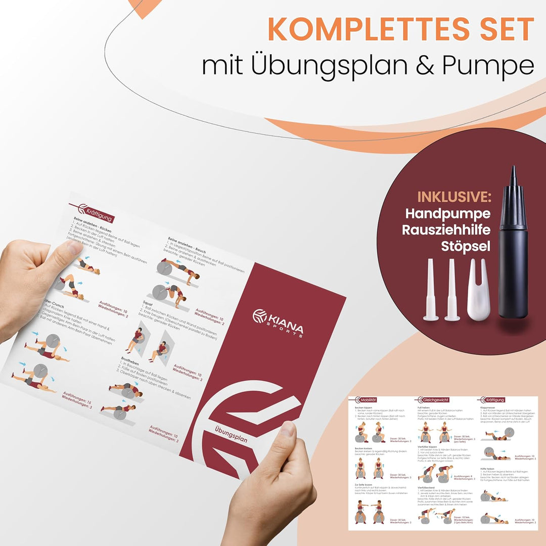 KIANA SPORTS® Gymnastikball & Sitzball - 4 Grössen - Deutsche Entwicklung - Rutschfester Yoga Ball m
