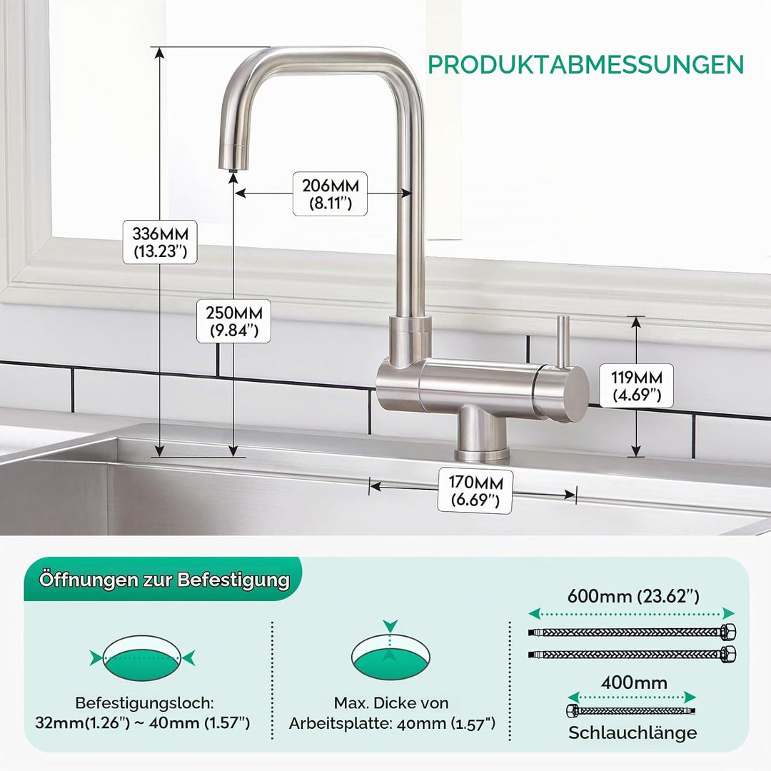CREA 3 Wege Wasserhahn Küche,Vorfenster Küchenarmatur mit 2 Strahlarten, Wasserhahn Küche Klappbar m