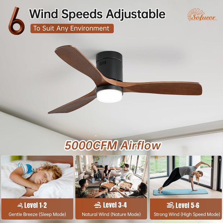 Sofucor Deckenventilator mit Beleuchtung, Deckenventilatorleuchte mit Licht, Fernbedienung, 3 Holzlü