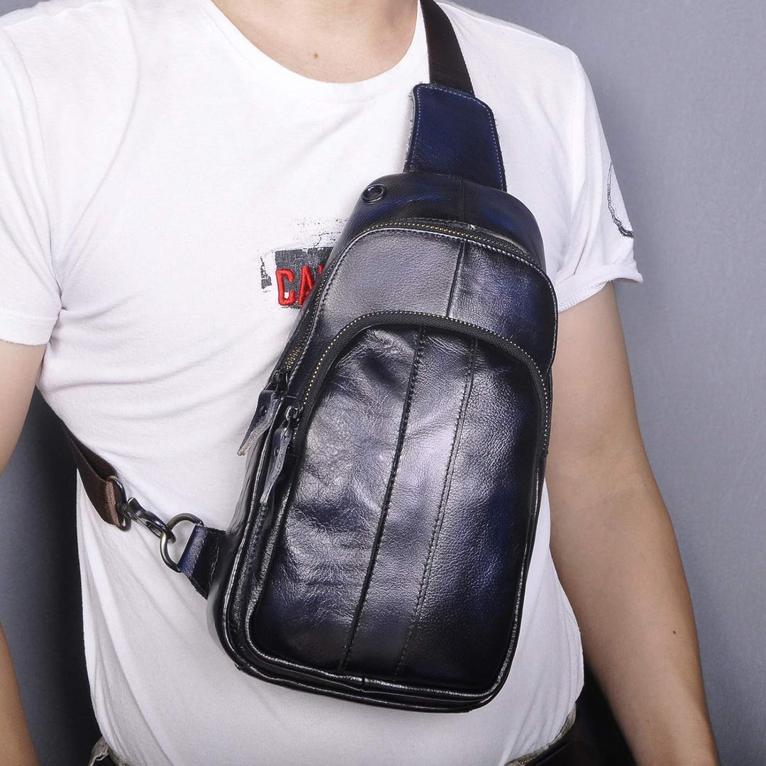 Le'aokuu Herren Echtes Leder Brusttasche Crossbody Bag Sling Bag Schultertasche Gurteltasche Umhänge