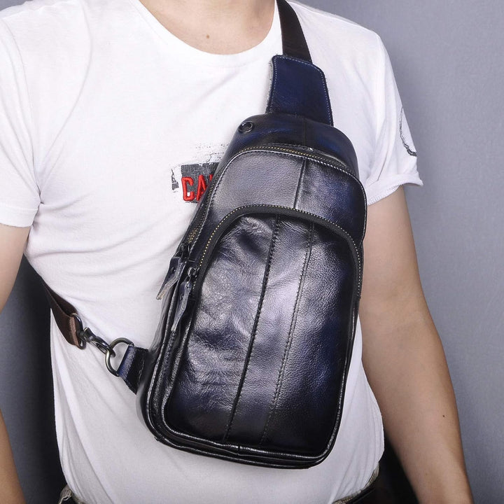 Le'aokuu Herren Echtes Leder Brusttasche Crossbody Bag Sling Bag Schultertasche Gurteltasche Umhänge
