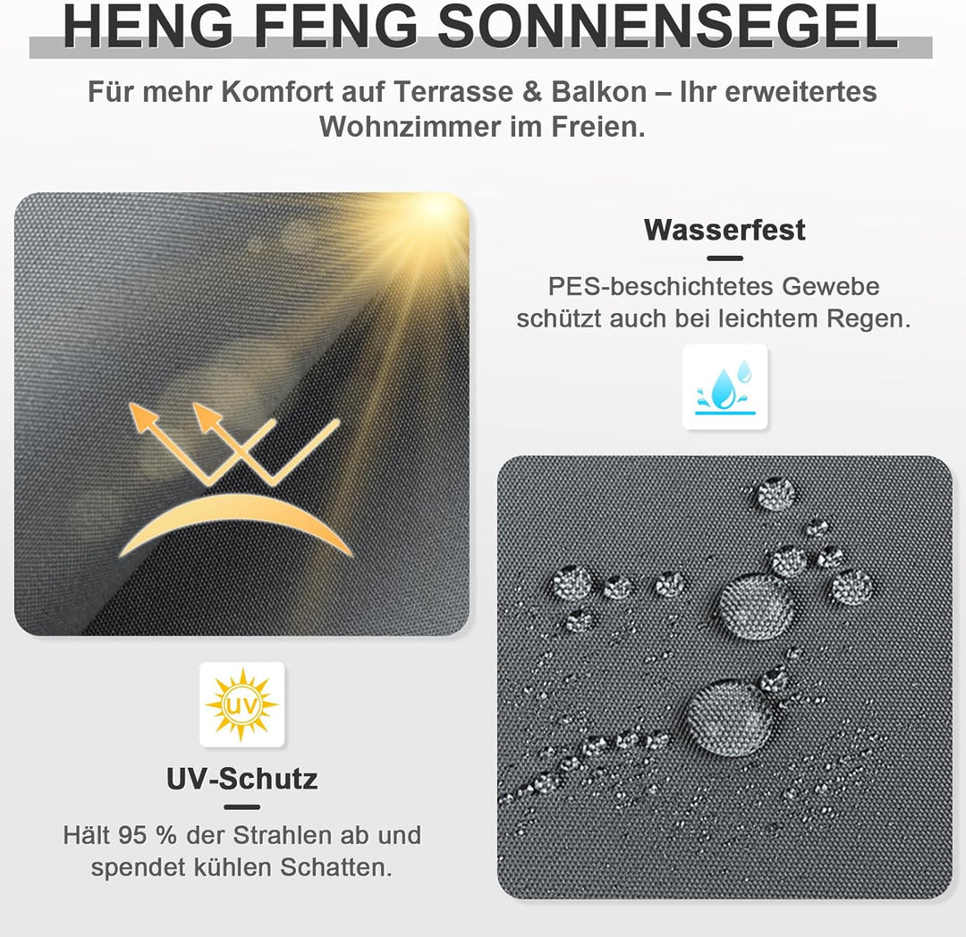 HENG FENG Sonnensegel 3.6x3.6x3.6m Dreieckig Wasserdicht mit 95% UV-Schutz Sonnenschutz für Garten T