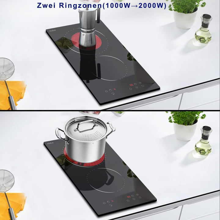 Glaskeramikkochfeld 2 Zonen, Hobsir Einbau Kochfelder 30cm, 3200W, Touch-Steuerung, Doppelte Zone, 9