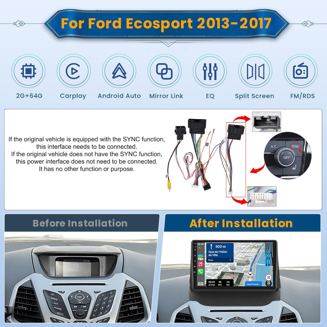 Android 15 Autoradio für Ford Ecosport 2013-2017 mit Wireless CarPlay Android Auto 2+64G, 9 Zoll Bil