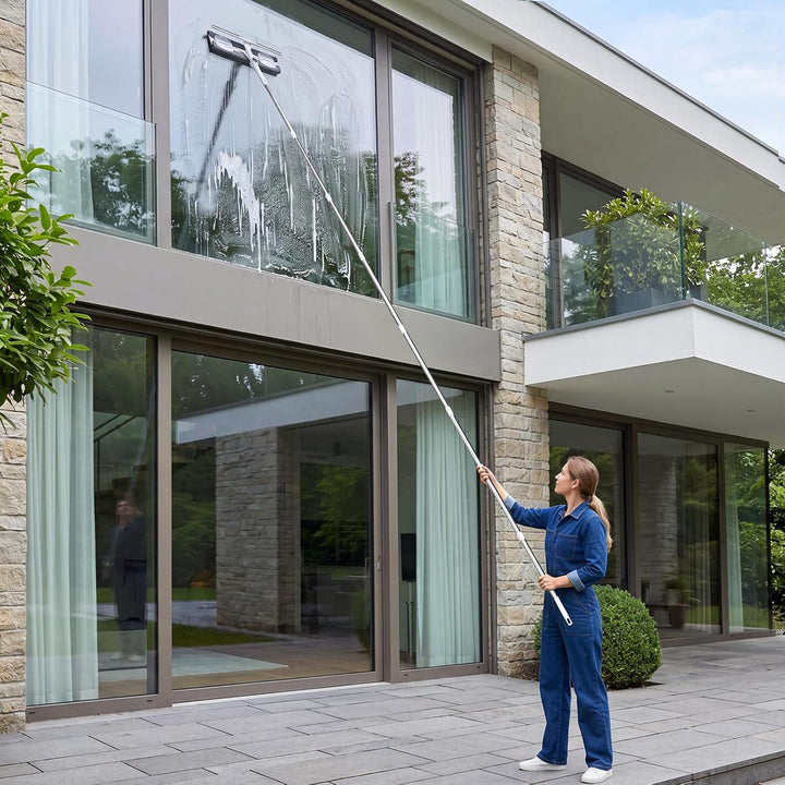 4m Teleskop Fensterputzer Set mit 2 Fensterabzieher für hohe Fenster | 2 in 1 Teleskopstange Fenster