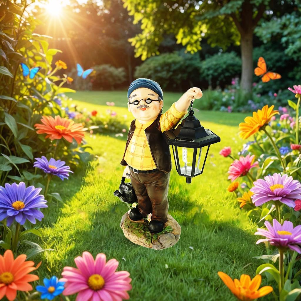 Kremers Schatzkiste Opa Hans mit Solarlaterne und Giesskann Figur Gartenfigur 38 cm Garten Älterer H