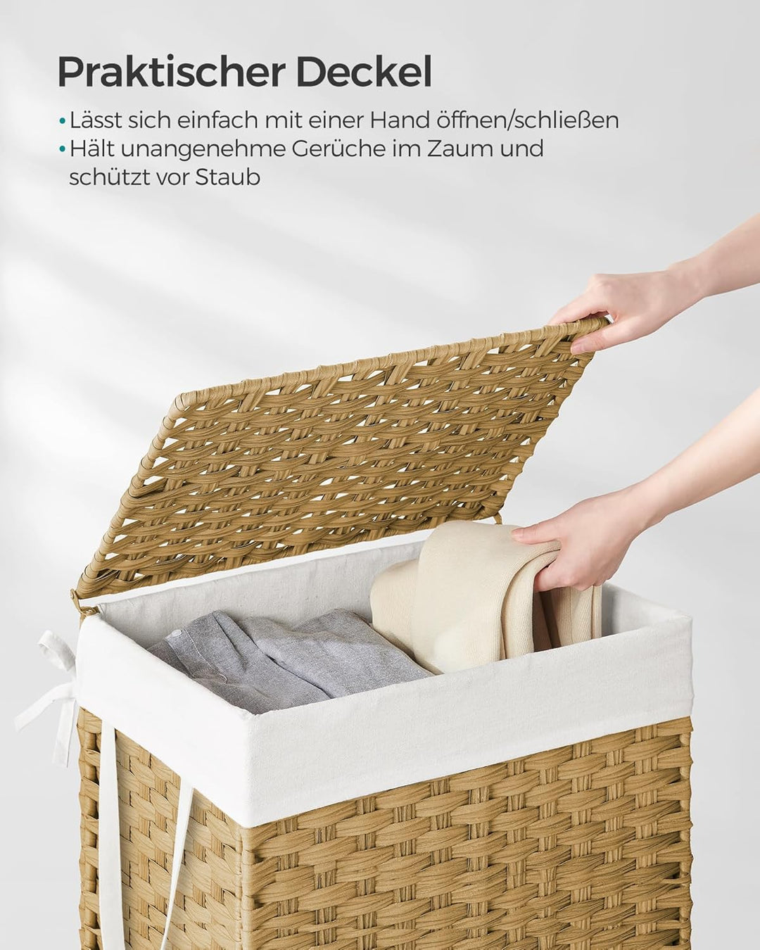SONGMICS Wäschekorb 90 Liter, handgeflochten, Wäschesammler aus synthetischem Rattan, mit Deckel und