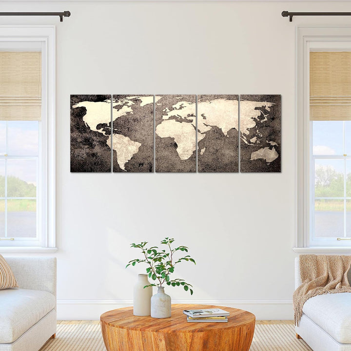 Runa Art Wandbild XXL Weltkarte Büro Wohnzimmer 200 x 80 cm Braun 5 Teilig - Made in Germany - 10175