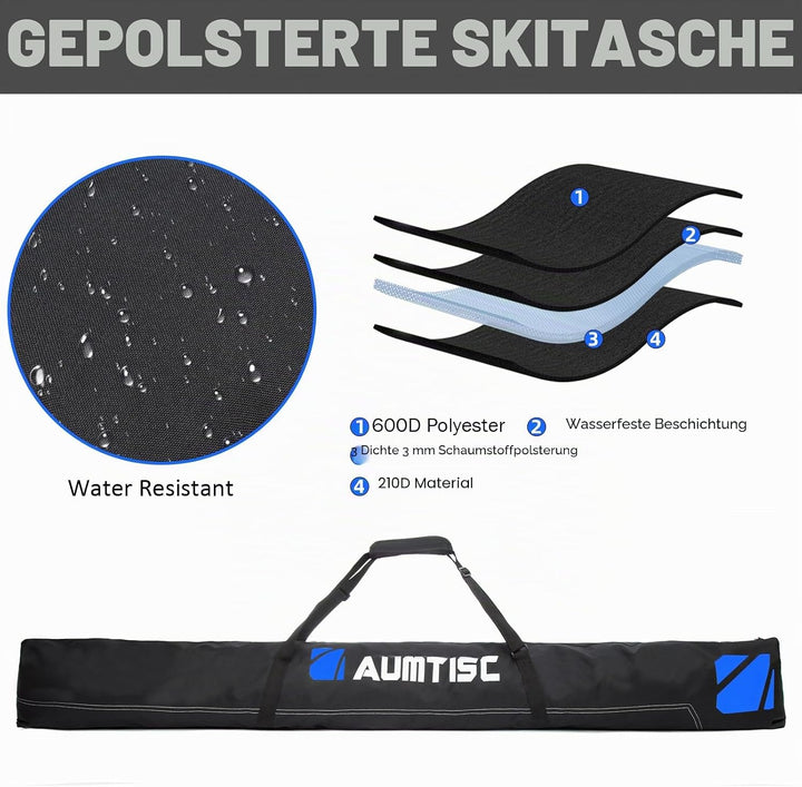 AUMTISC Skitasche Set Skisack &Skischuhtasche Längenverstellbare Bis 200 cm für 1 Paar Ski & Skischu