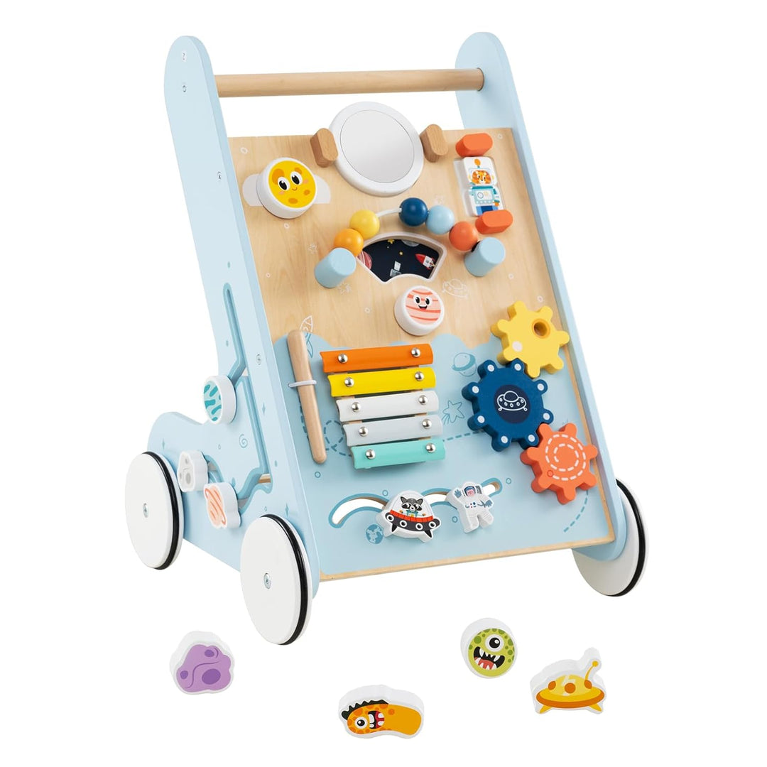 DREAMADE Lauflernwagen Holz, Lauflernhilfe ab 1 Jahr mit Spiegel & Spielbrett, Montessori Gehhilfe G