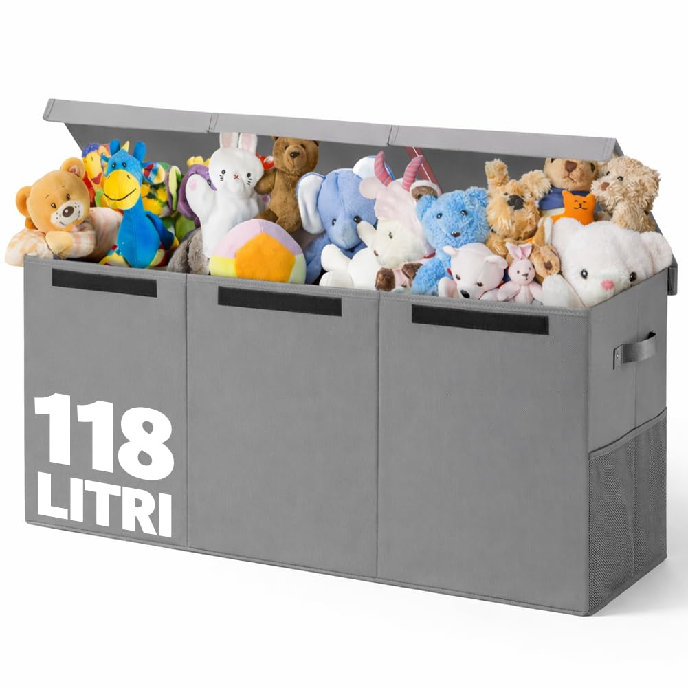 BAKAJI Aufbewahrungsboxen für Kinder, Aufbewahrungsbox mit Deckel und 3 Fächern, faltbar, aus TNT, A