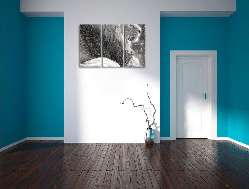 Pixxprint Löwe mit Löwenbaby als Leinwandbild/Grösse: 3 Teilig (120x80) cm/Wandbild/Kunstdruck/ferti
