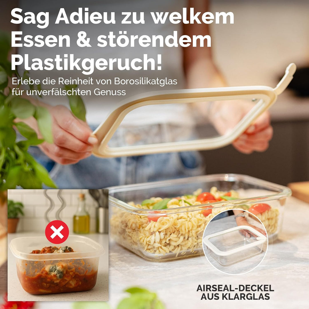 Frischhaltedosen Set 2x1520ml – Borosilikatglas, Glasbehälter luftdicht & mikrowellengeeignet, Meal
