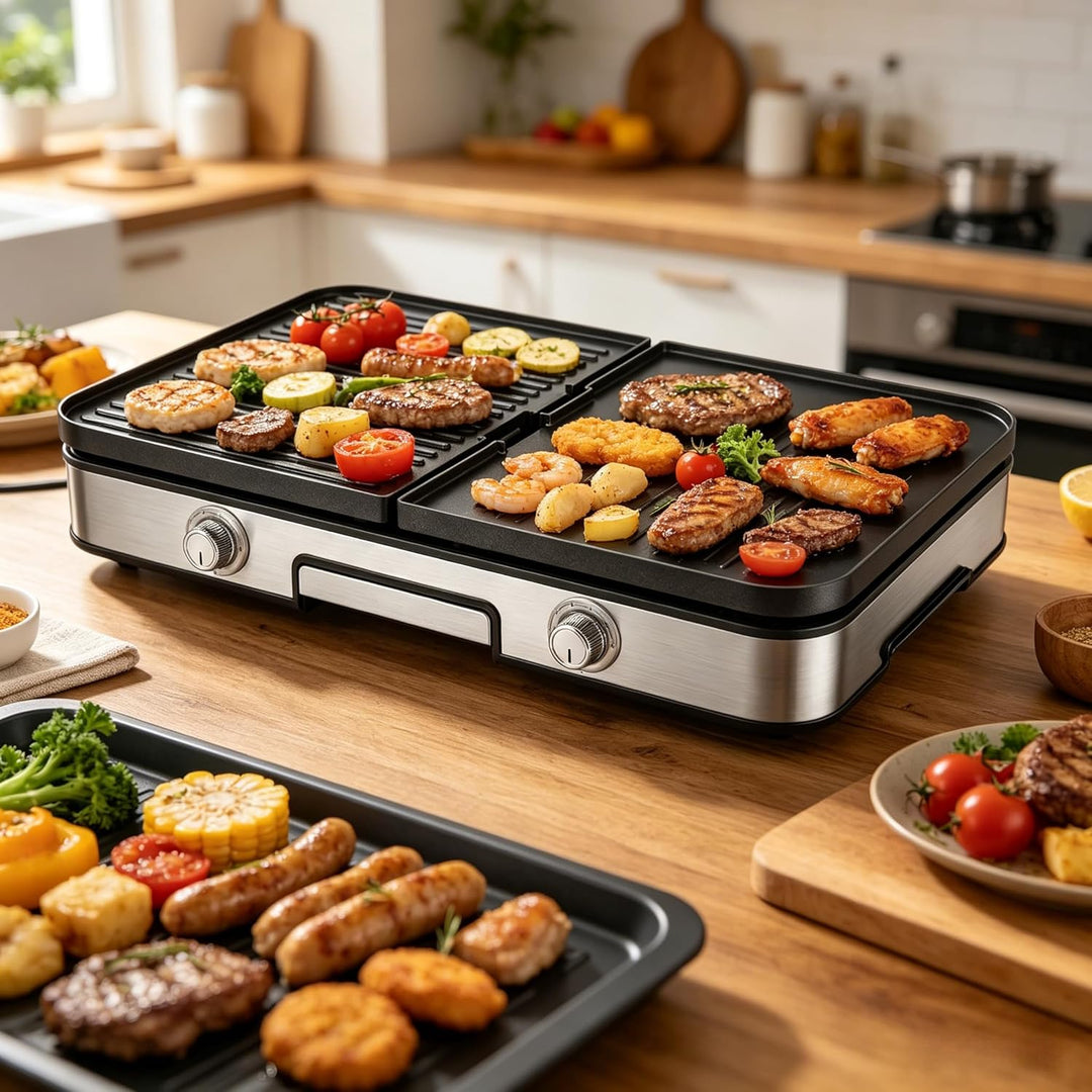 LIFEZEAL Elektrogrill, Tischgrill elektrisch 2000 W, Elektrischer Plattengrill Indoor mit 2 wendbare