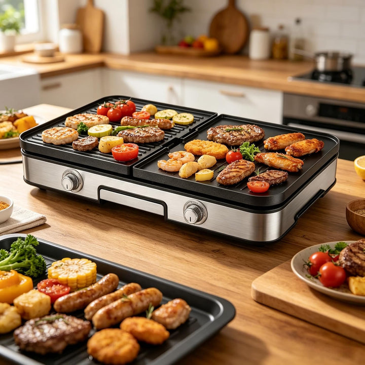 LIFEZEAL Elektrogrill, Tischgrill elektrisch 2000 W, Elektrischer Plattengrill Indoor mit 2 wendbare