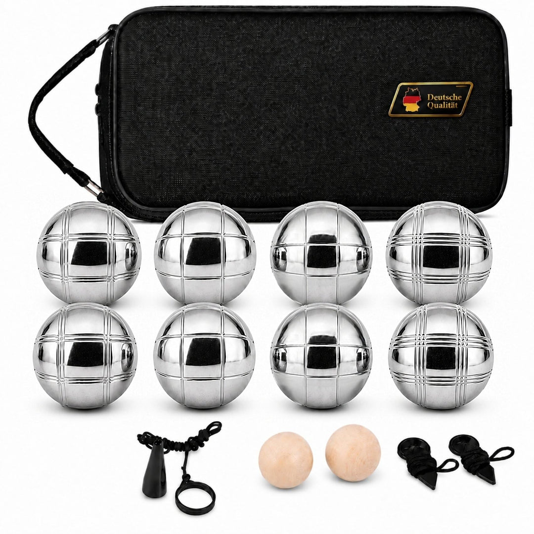 Homewit Boule Set mit 8 Metallkugeln Ø 73 mm, je 720 g | 4 Linienmuster, 2 Holzkugeln, 2 Abstandsmes