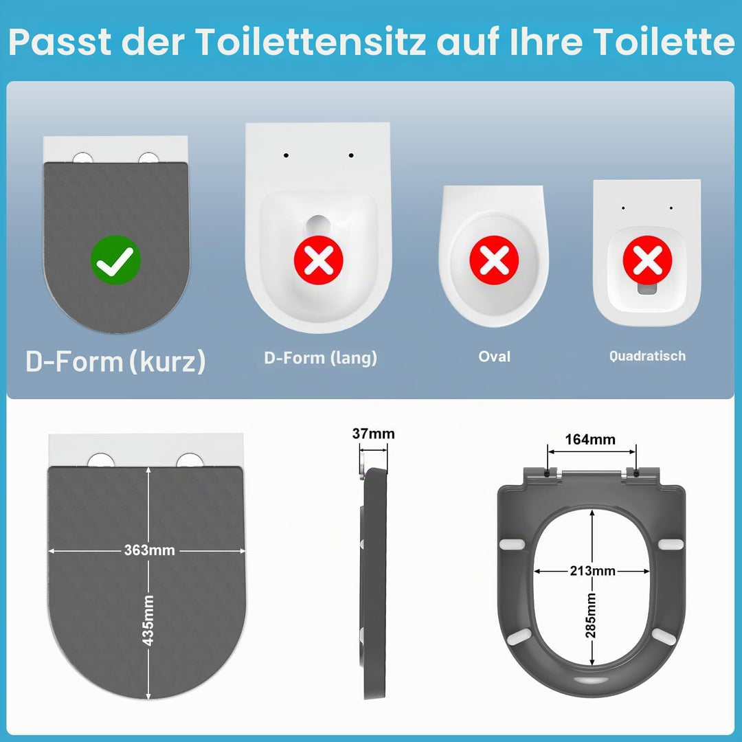 YEAUPE PRO Toilettendeckel mit Absenkautomatik D Form [KURZ] - 43,5×36,2 cm | WC Sitz mit Schnellver