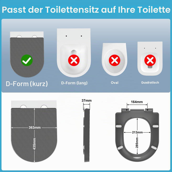 YEAUPE PRO Toilettendeckel mit Absenkautomatik D Form [KURZ] - 43,5×36,2 cm | WC Sitz mit Schnellver