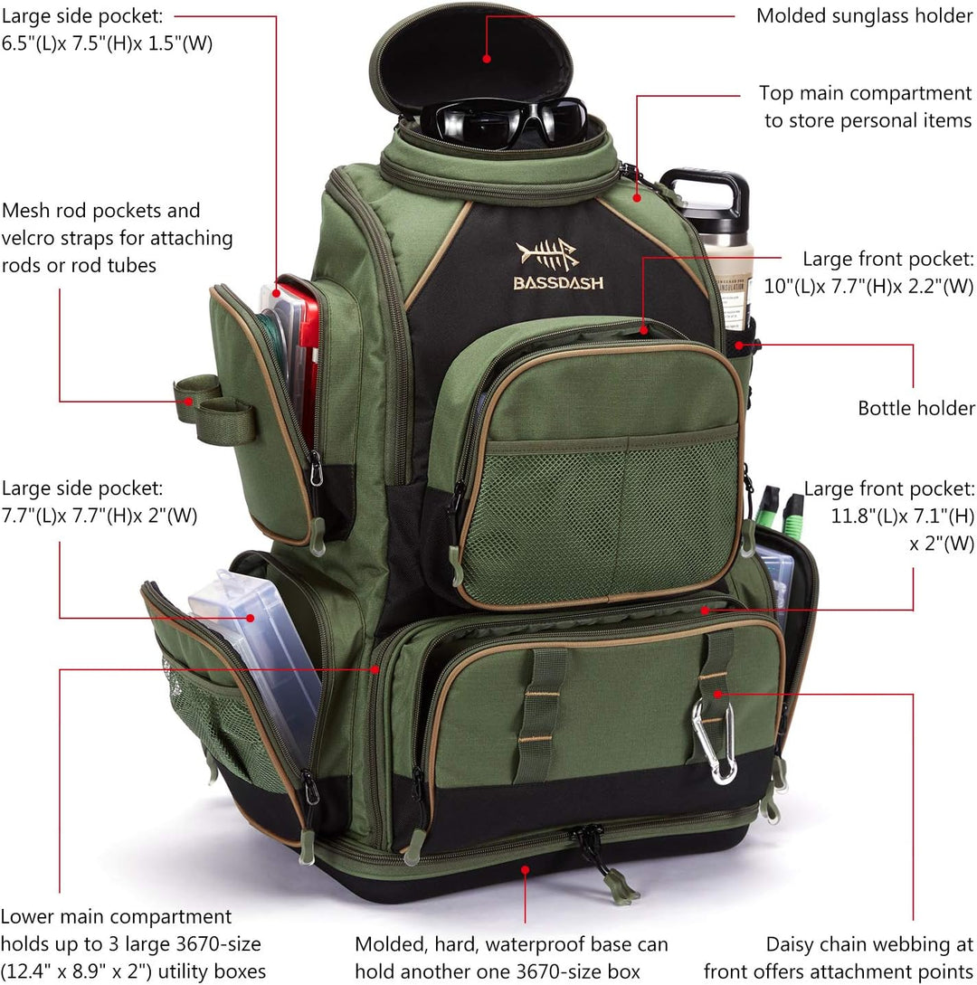 BASSDASH Fishing Tackle Backpack Water Resistant Lightweight Tactical Bag Soft Tackle Box with Rod H