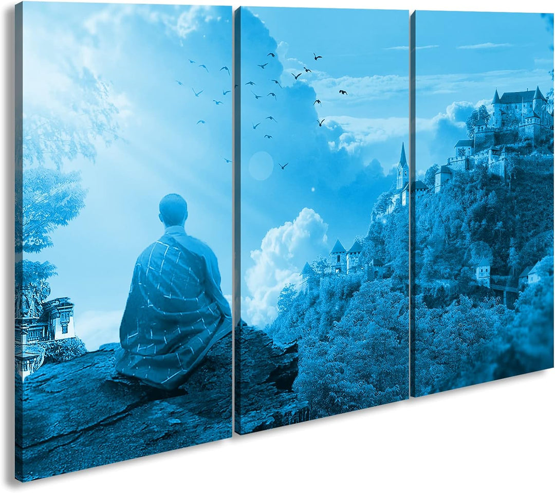 deyoli Buddhistischer Mönch Format: 120x80 3Teilig Effekt: Monocrome Blau als Leinwandbild, Motiv fe
