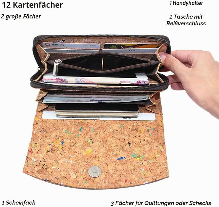 boshiho Kork Geldbörse Damen, Nachhaltig Frauen Vegan Portemonnaie Gross Kork mit Reissverschluss Ge