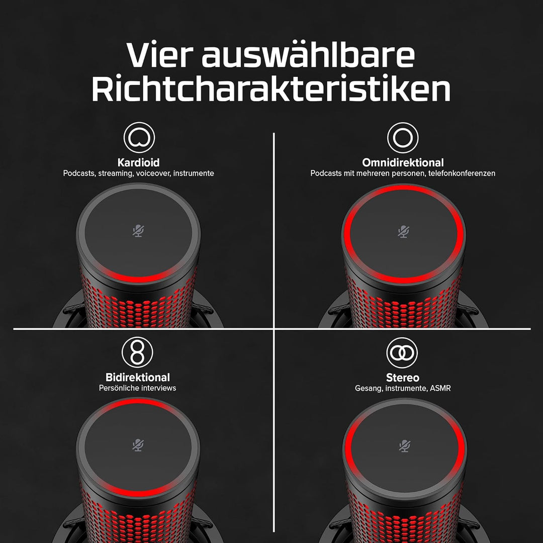 HyperX QuadCast 2, USB-Mikrofon für Gaming, Streaming und Podcasting, Tippen-zum-Stummschalten-Senso