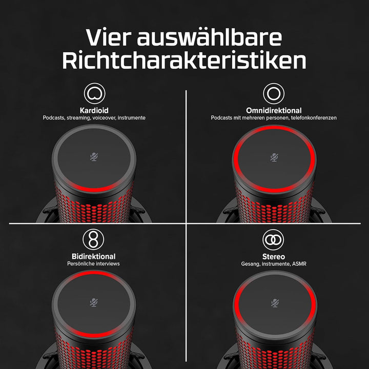 HyperX QuadCast 2, USB-Mikrofon für Gaming, Streaming und Podcasting, Tippen-zum-Stummschalten-Senso
