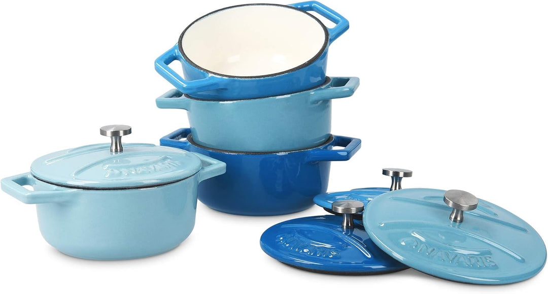 Navaris Mini Cocotte Set - 4x Gusseisen Mini Topf Blau - Optimale Wärme Distribution - Mini Auflauff