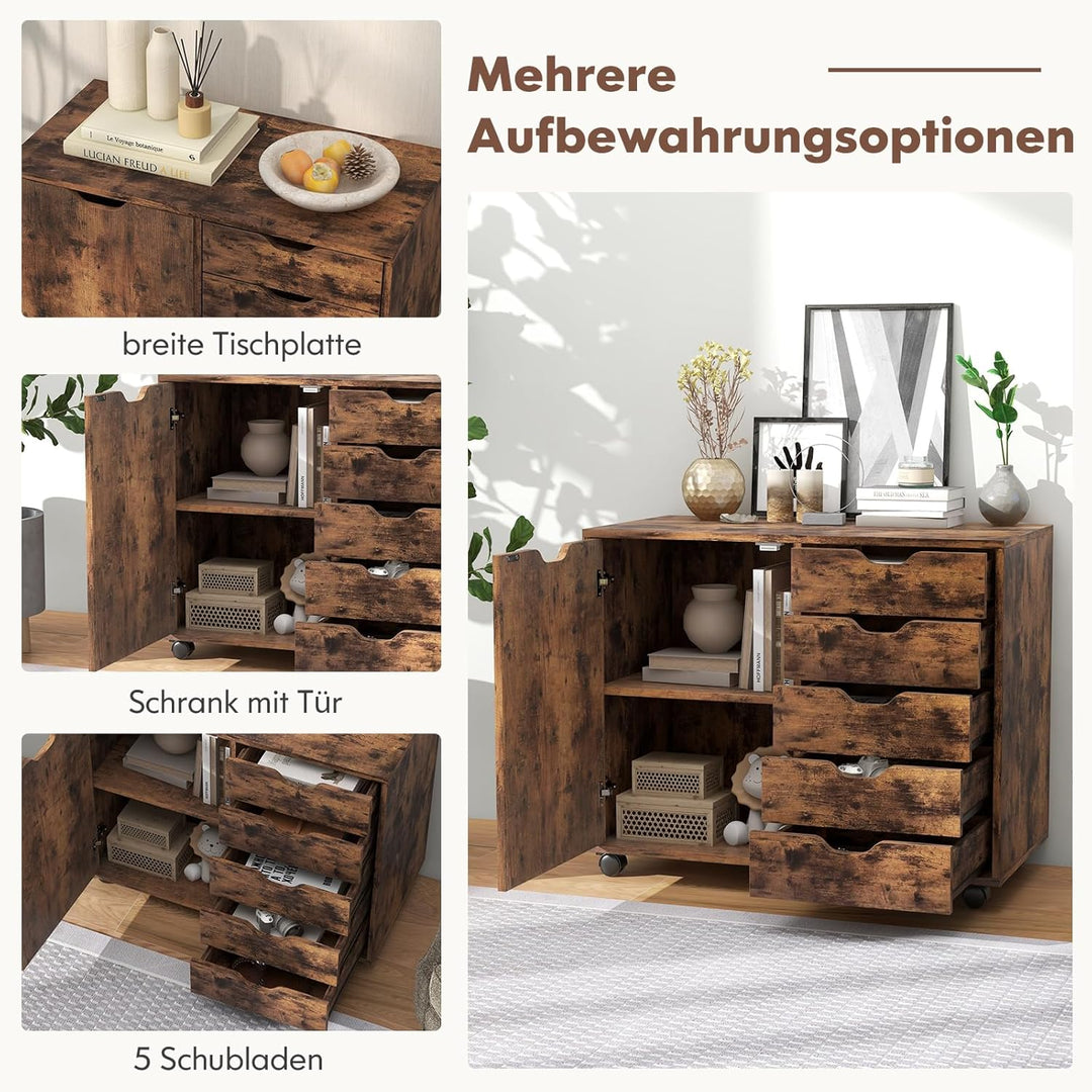 GOPLUS Rollcontainer mit Schubladen, mobiler Aktenschrank mit Schrank, Büroschrank mit 5 Rollen, für