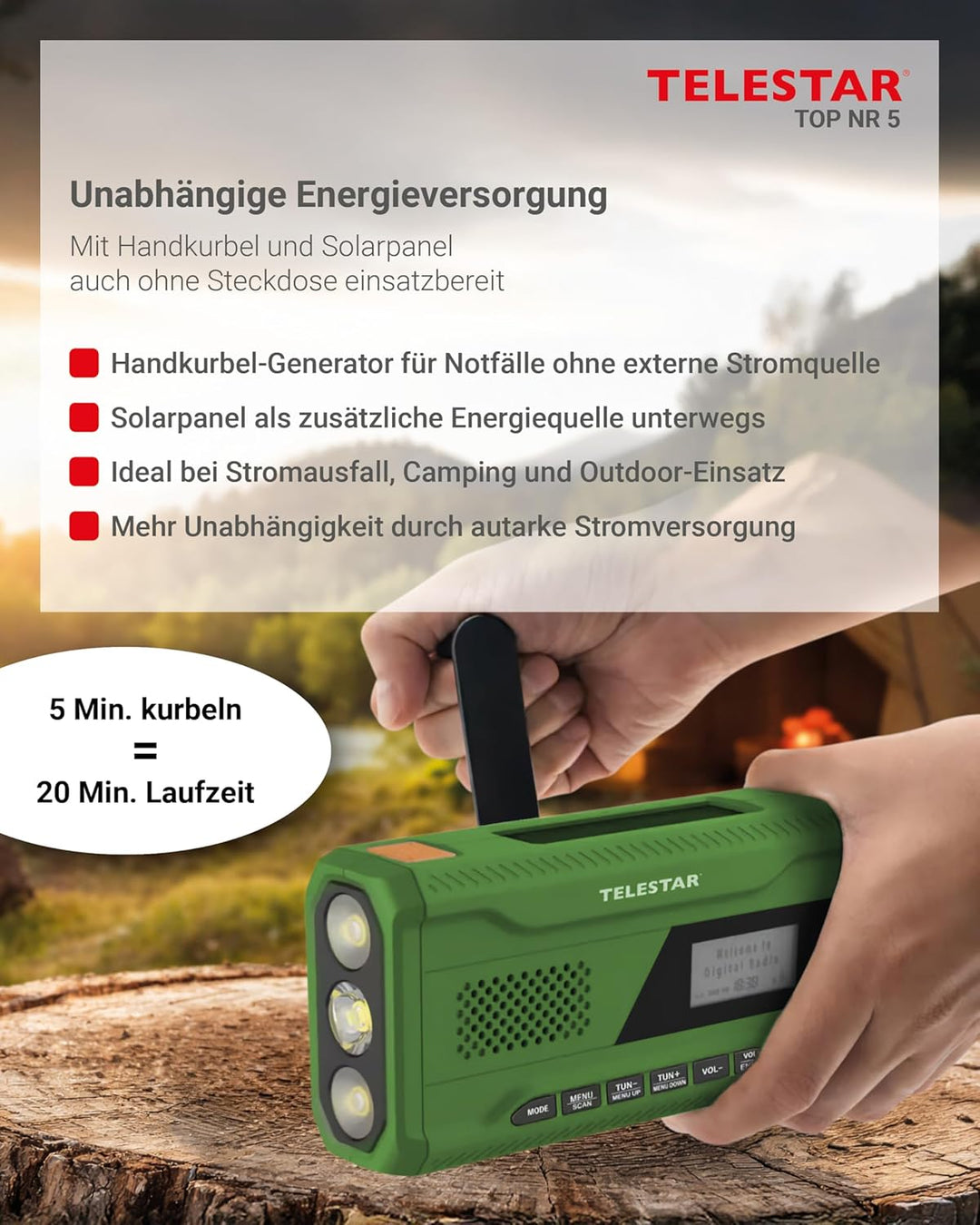 TELESTAR TOP NR 5 – Notfallradio (Kompaktes Kurbelradio, 4.000 mAh Akku, Solarpanel, Powerbankfunkti