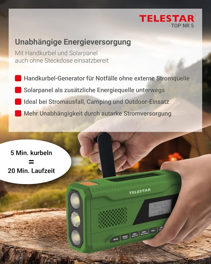 TELESTAR TOP NR 5 – Notfallradio (Kompaktes Kurbelradio, 4.000 mAh Akku, Solarpanel, Powerbankfunkti