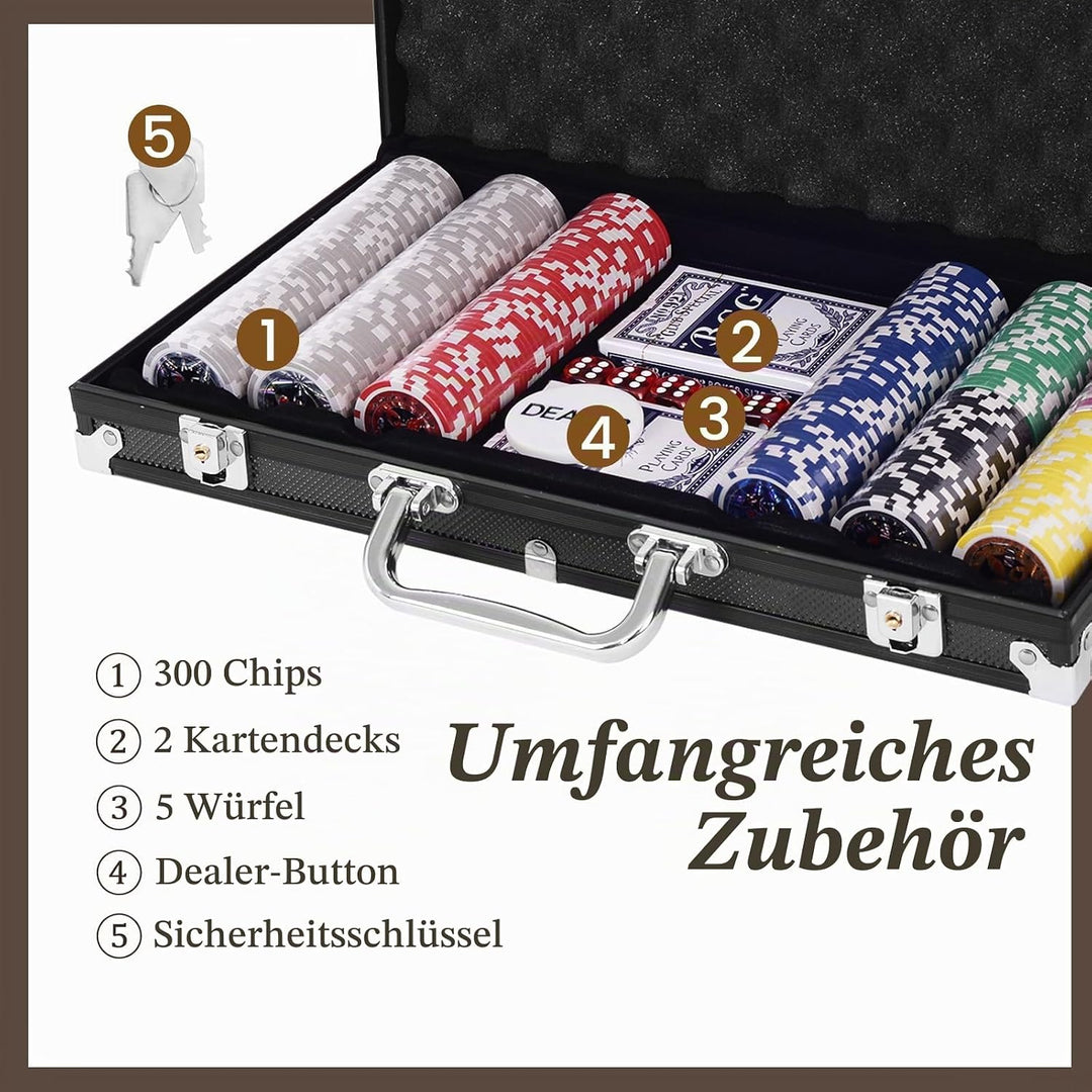 HOMASIS Pokerset mit 300 Chips, Alu Pokerkoffer mit 2 Kartendecks, 5 Würfeln, 1 Dealer Button, Poker