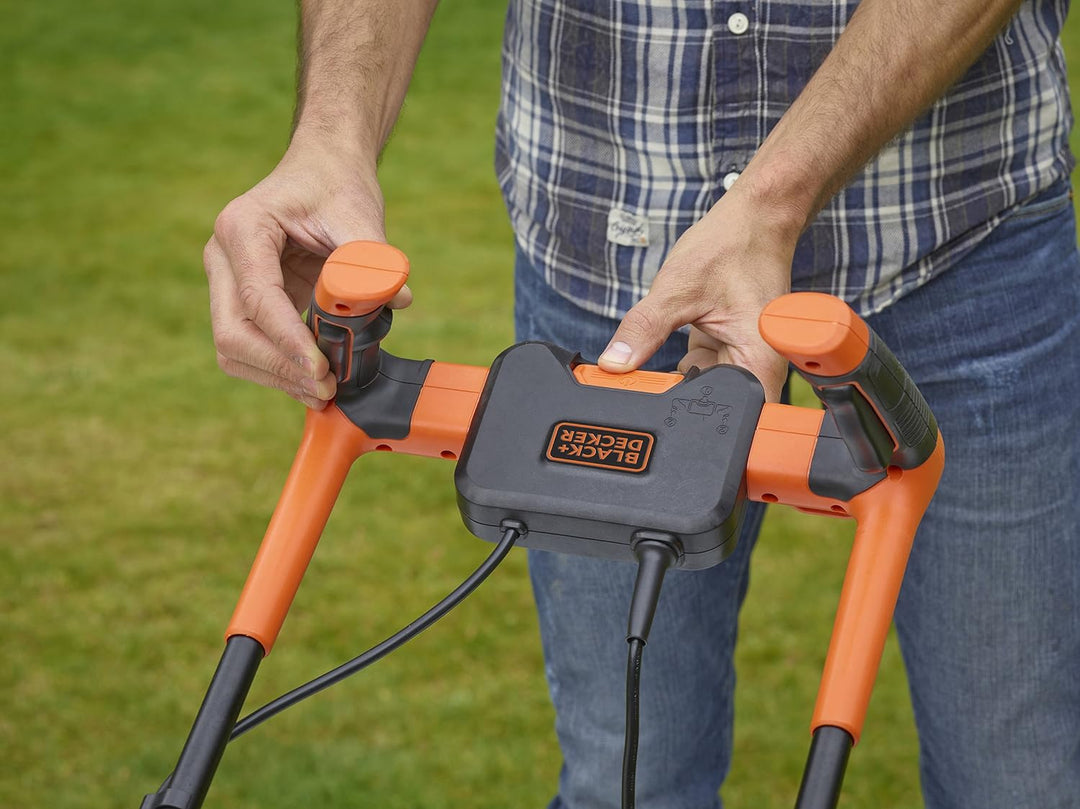 Black+Decker Elektro-Rasenmäher mit Fahrradlenker-Griff (1.400W, 34cm Schnittbreite, 6-fach Höhenver