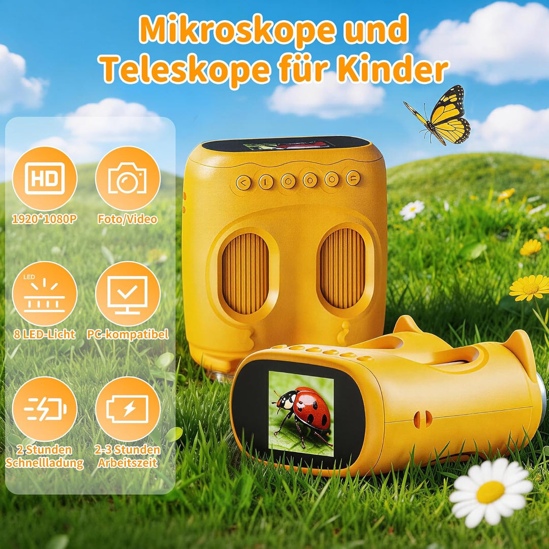2-in-1 Mikroskop und Teleskop für Kinder, Tragbares Mini-Taschen-Mikroskop, USB Wiederaufladbares Ha