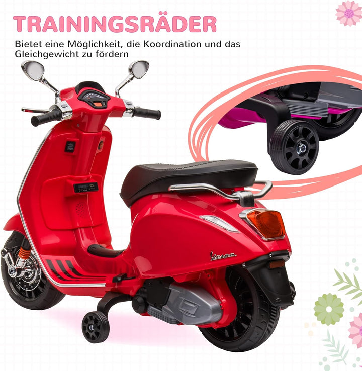 AIYAPLAY Elektro Kindermotorrad, Vespa 6V Elektromotorrad mit MP3, USB, FM-Radio, LED-Scheinwerfer,