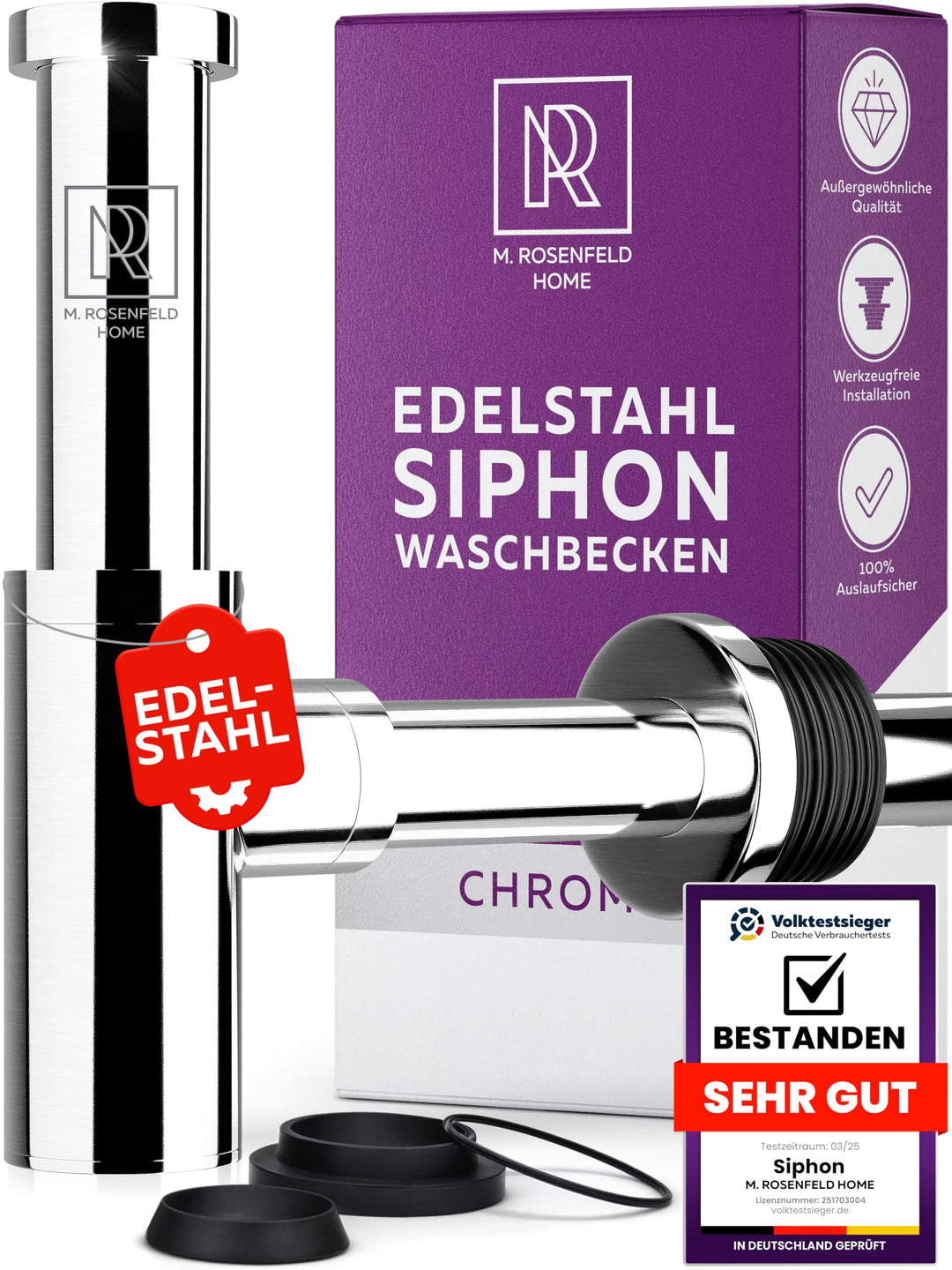 Siphon Waschbecken Edelstahl 60-140mm Höhe, Abflussrohr 330mm Länge, 1 1/4" für Bad & Waschtisch mit