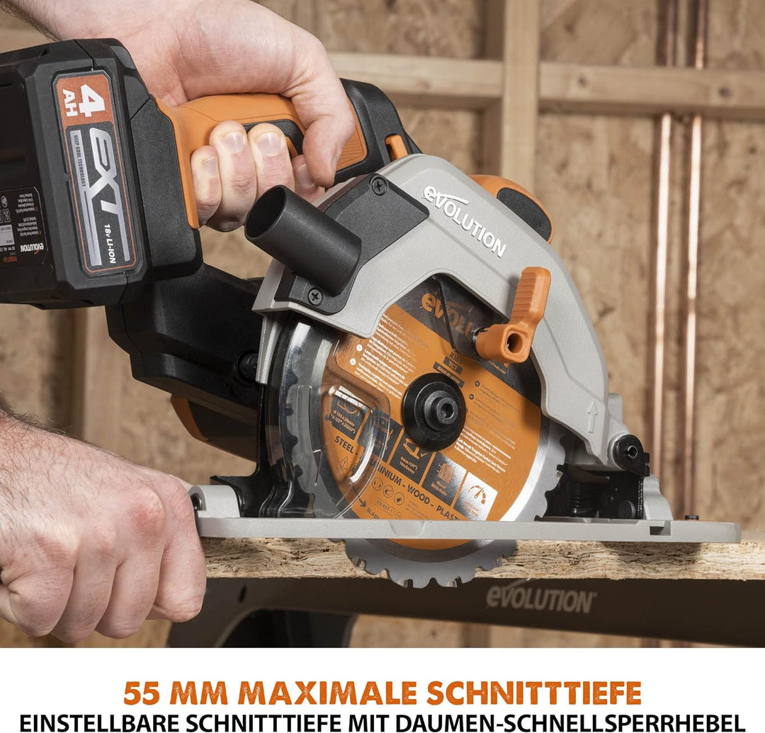 Evolution Power Tools R165CCS Li Akku-Kreissäge mit Mehrzweck-Schneide – 165 mm TCT-Sägeblatt im Lie