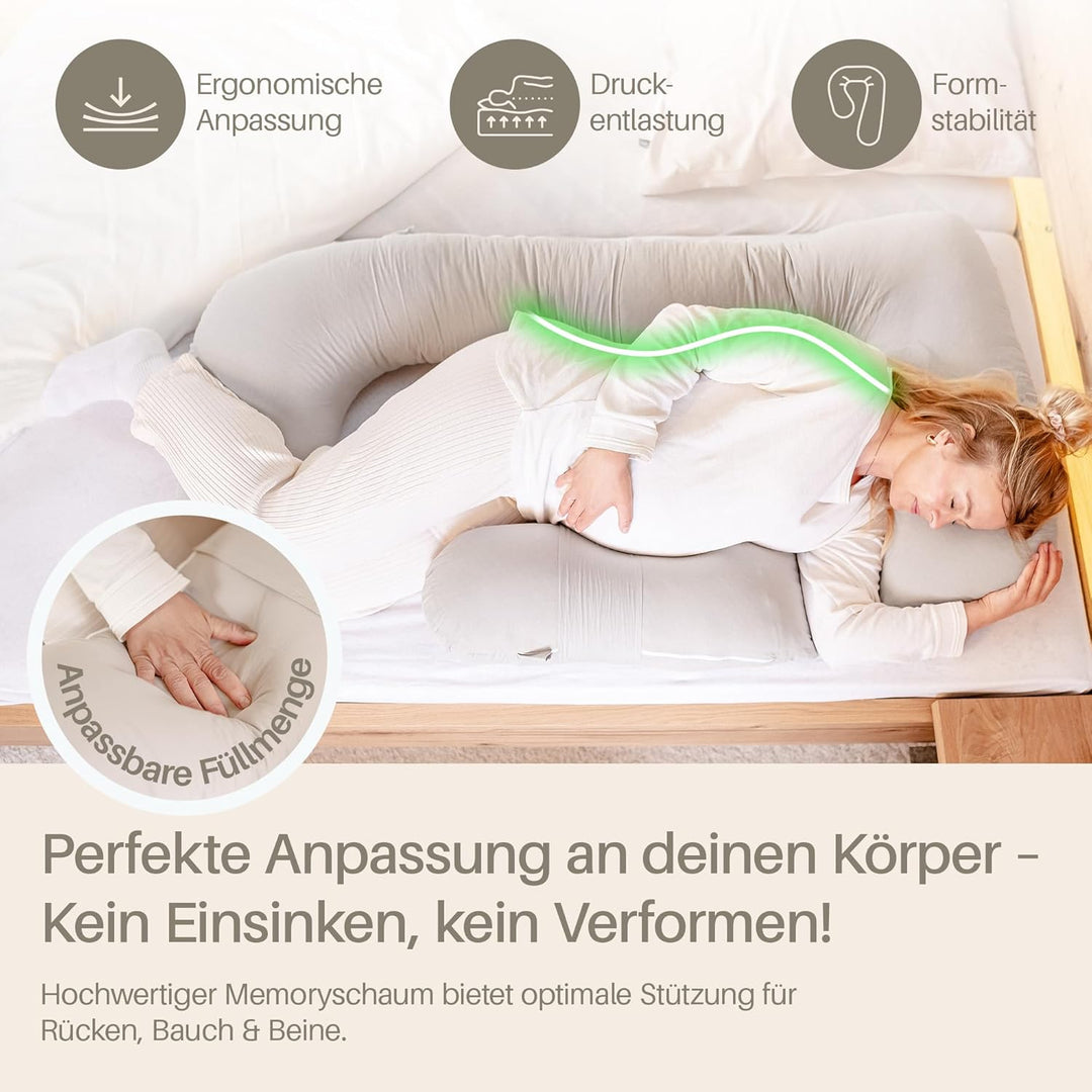 Seitenschläferkissen XL, Schwangerschaftskissen, Stillkissen, Memory Foam Füllung, Kissenbezug 100%