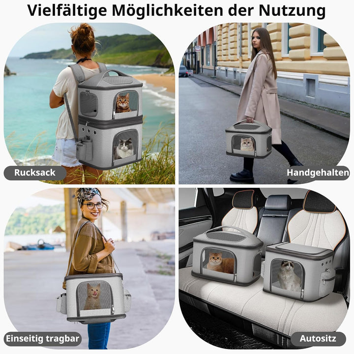 Abnehmbarer Katzenrucksack für 2 Katzen bis 12kg, Grau