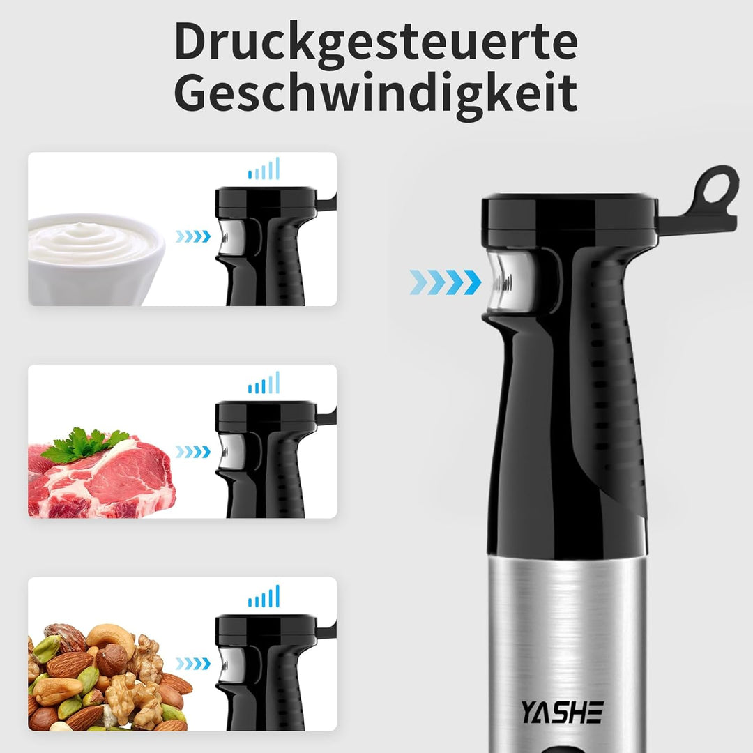 YASHE 5 in 1 Pürierstab,1000W Elektrische Stabmixer,Stufenlos Geschwindigkeiten Stabmixer,Edelstahl,