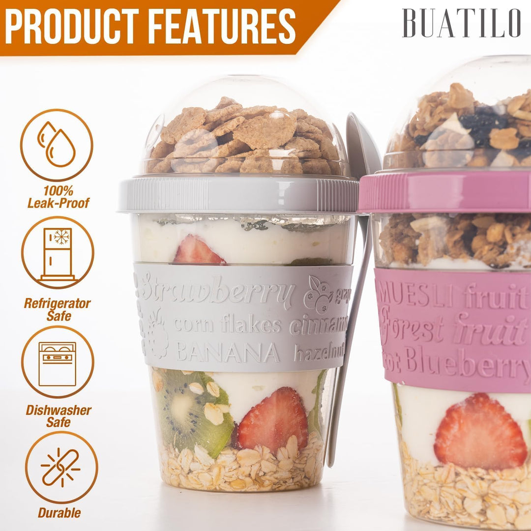 Bergmann Joghurtbecher To Go 600ml 4er Set – Müslibecher To Go mit Löffel Müsli To Go Becher mit Dec