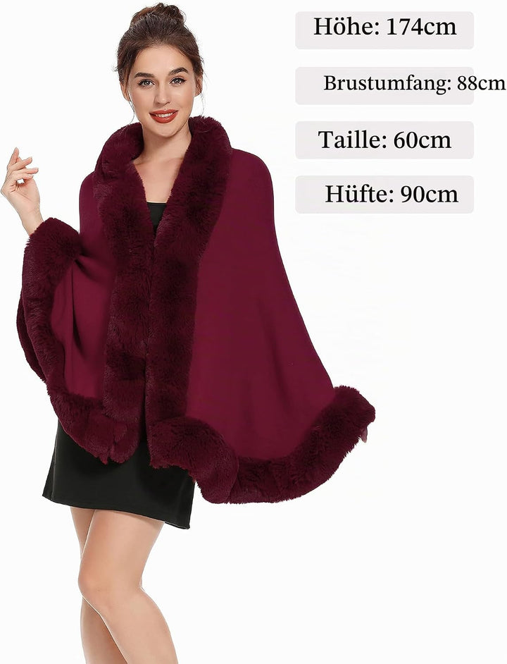 ZLYC Damen Winter Kunstpelz Poncho Cape Strick Schal Stola Warm Cardigan Burgund, Burgund