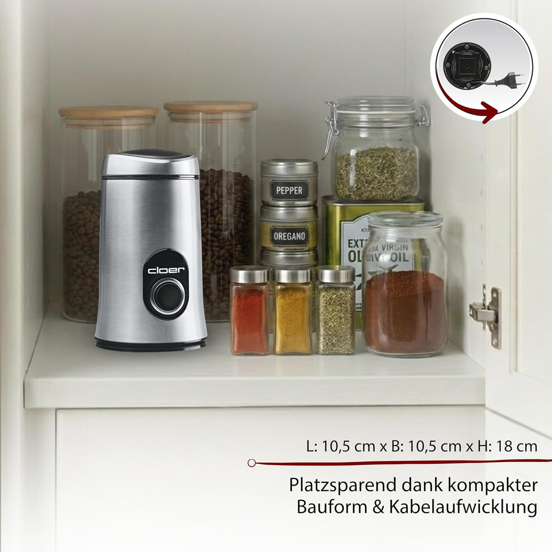 Cloer 7579 Elektrische Kaffeemühle, 150 W, für bis zu 50 g Kaffeebohnen, mattiertes Edelstahlgehäuse