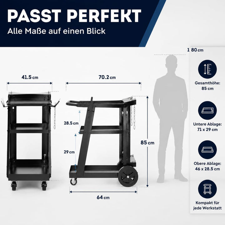 WERKTHOR Schweisswagen 80 kg Tragkraft - Schweisstisch mit 3 Ebenen inkl Gasflaschenhalterung mit Si