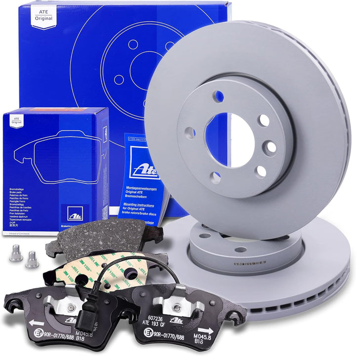 ATE Bremsenset Vorderachse inkl. Bremsscheiben vorne Ø 308 mm belüftet und Bremsbeläge vorne + Warnk