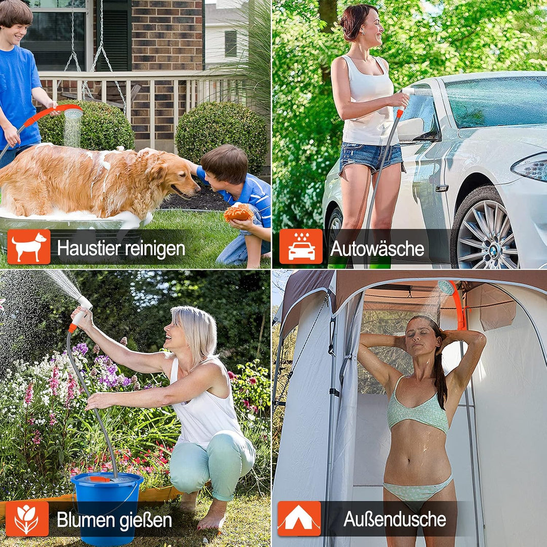 FIVMEN Campingdusche Camping Dusche Outdoor mit Pumpe 2200mAh Akku Haken und Saugnäpfe, Camping Show