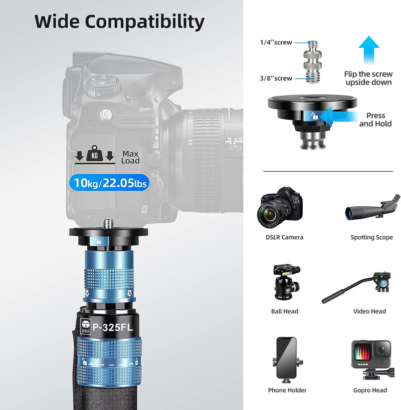 SIRUI P-325FL Carbon Fiber Kamera Wanderstock Einbeinstativ Monopod mit Standfuss, 170cm leichte,Tel